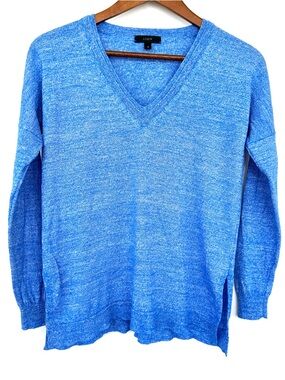 J. Crew Women’s Heather Sky Blue V-Neck Sweater, Oversized, Linen/wool